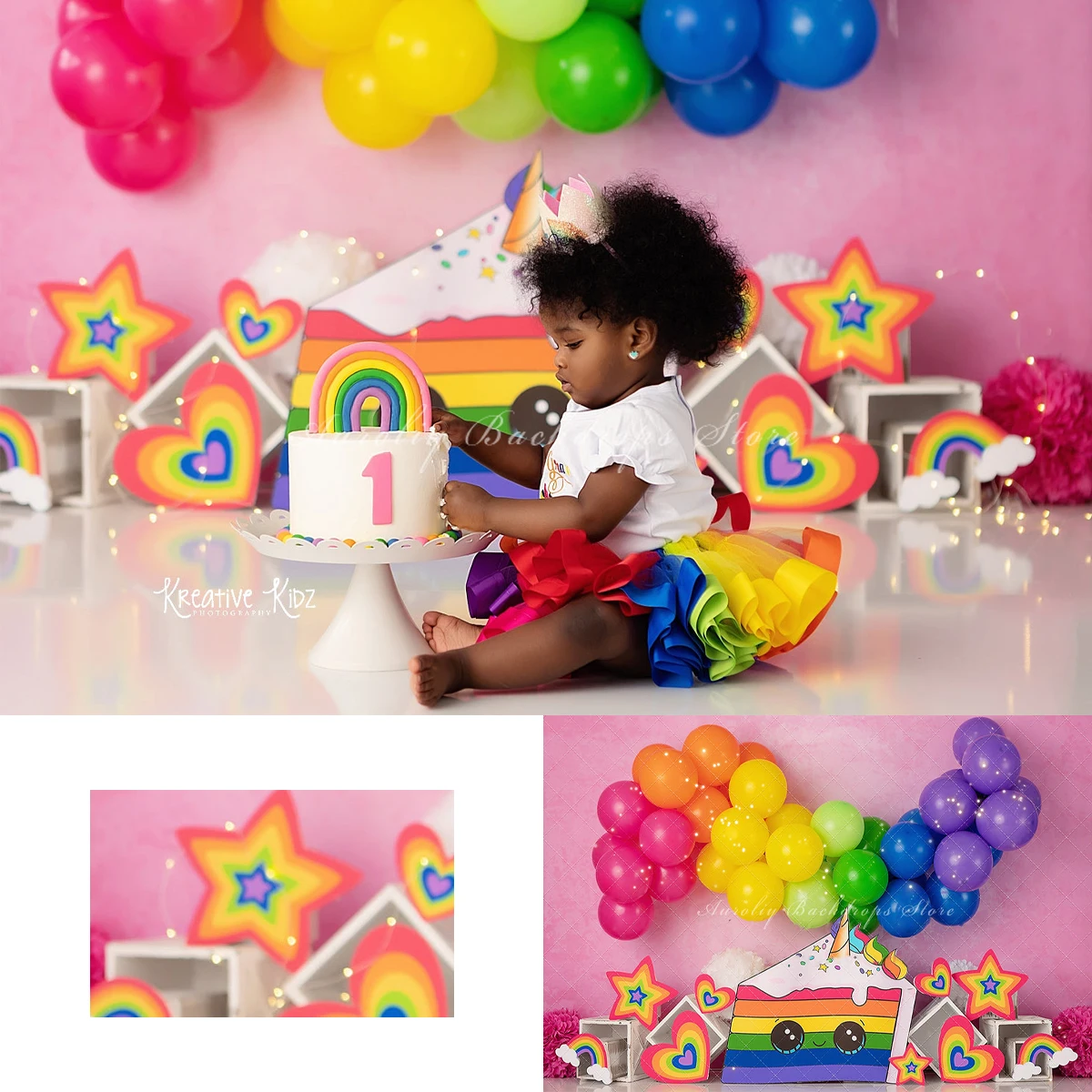 

Rainbow Balloon Backgrounds Cake Smash Kids Adult Photography Props Child Baby Decors Colored Stars Photo Backdrops