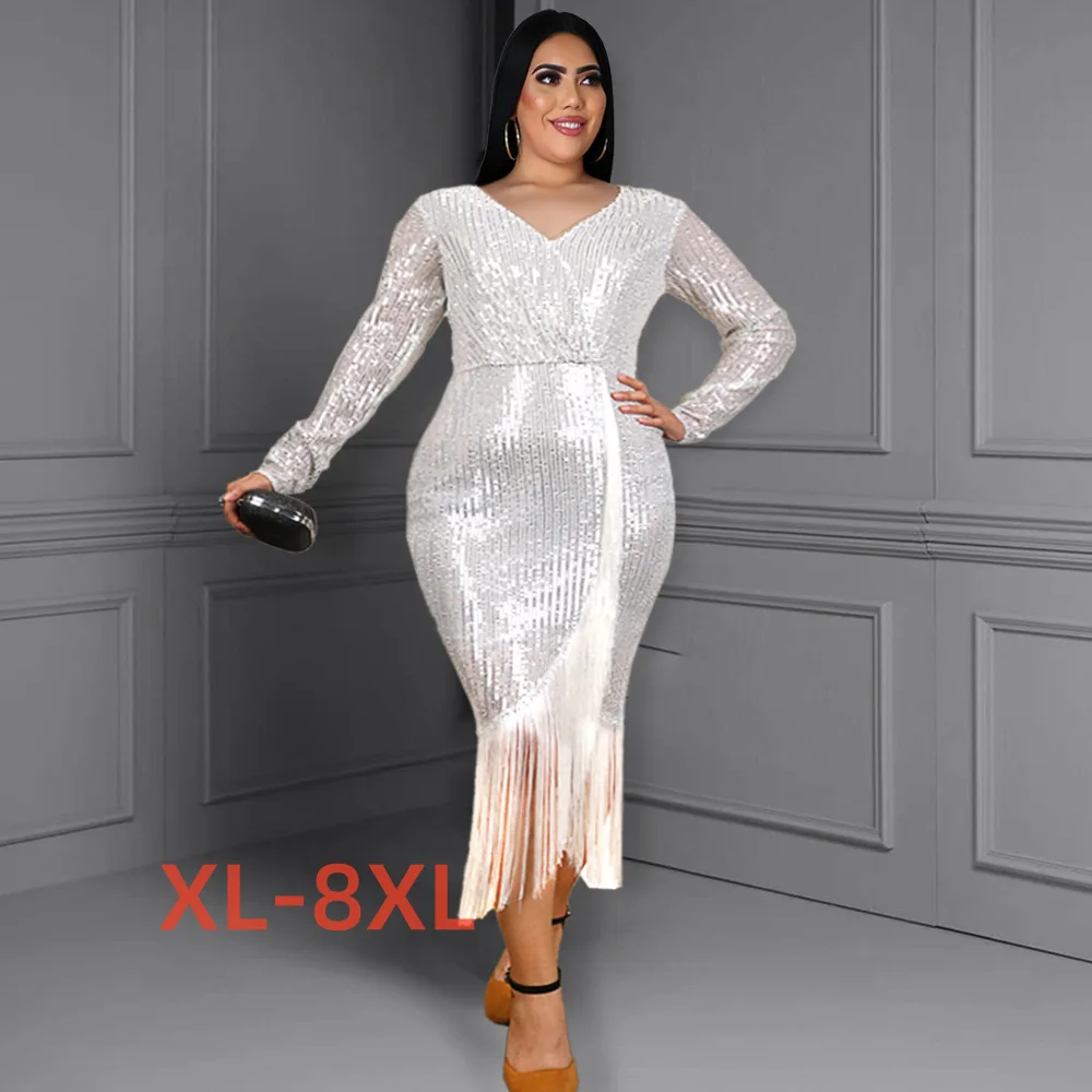 Plus Size 4xl 5xl 6xl 7xl 8xl Oversize Sequin Elastic Evening Dress Fashion V-neck Split Tassel Dress Sequin Dress
Plus Size 4xl 5xl 6xl 7xl 8xl Oversize Sequin Elastic Evening Dress Fashion V-neck Split Tassel Dress Sequin Dress