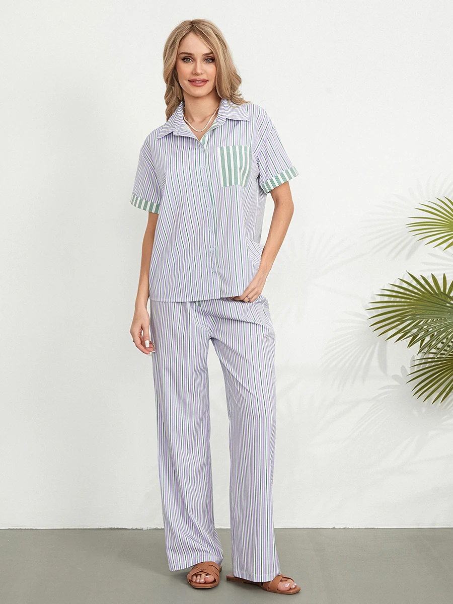 

Women Striped Pajama Sets Two Piece Nightwear Short Sleeve Sleepwear Button Down Pj Lounge Sets with Long Pants