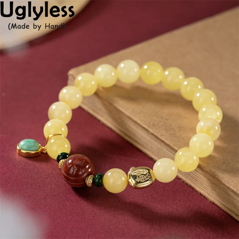 

Uglyless Natural Gemstones Amber Beeswax Bracelets for Women Turquoise Agate Elastic Rope Bracelets Gold 925 Silver Luxury Jewel