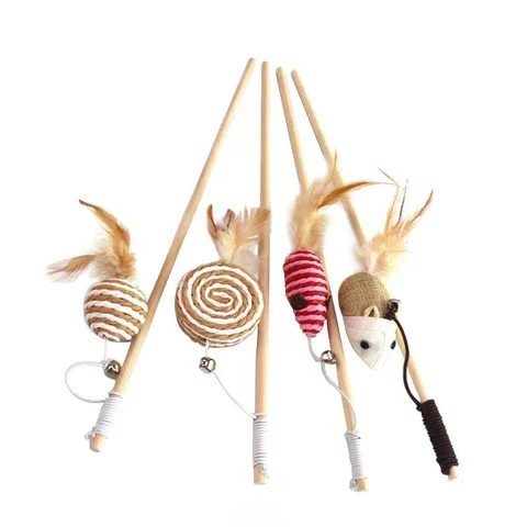 

Cartoon Pet Cat Teaser Toys Feather Wood Rod Mouse Toy With Mini Bell Cat Catcher Teaser Wooden Stick Cat Interactive Toys