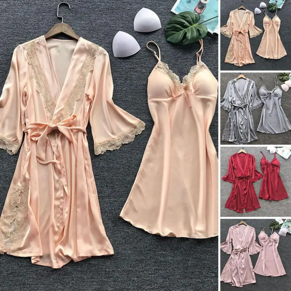 Bow Decoration Nightgown Silky Lace-up Nightgown Set with Lace Patchwork Bow Decor for Women Loose Long Sleeve Pajama Set
Bow Decoration Nightgown Silky Lace-up Nightgown Set with Lace Patchwork Bow Decor for Women Loose Long Sleeve Pajama Set