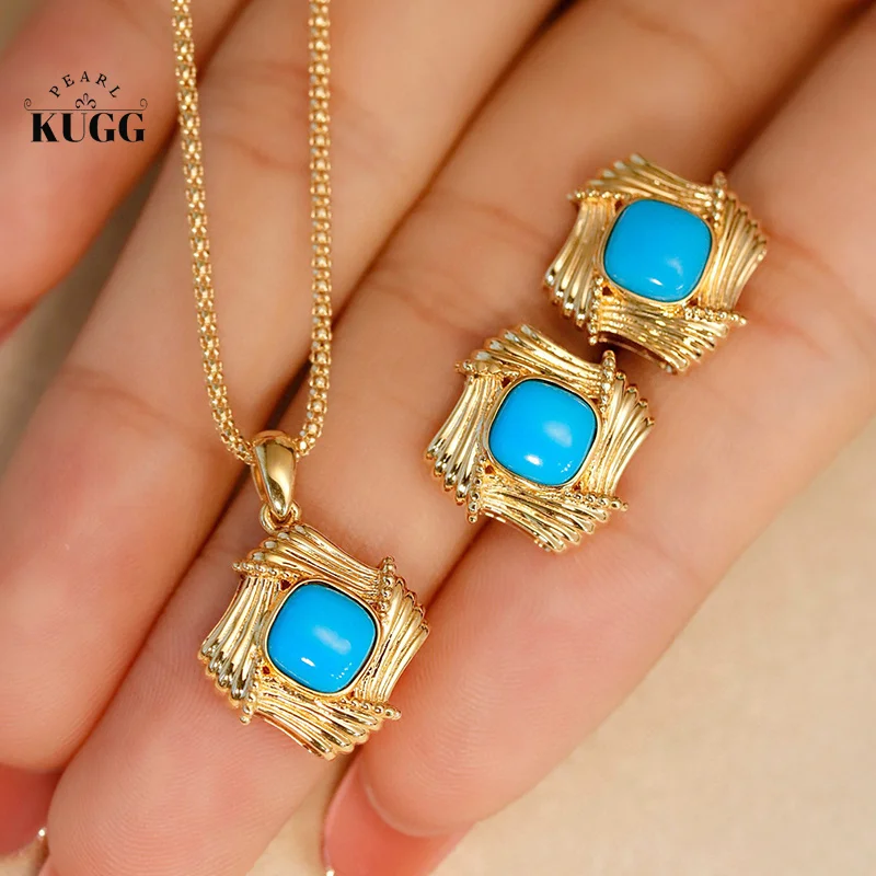 

KUGG 18K Yellow Gold Earrings Vintage Fashion Style Real Natural Turquoise Gemstone Earring and Necklace for Women Wedding Set