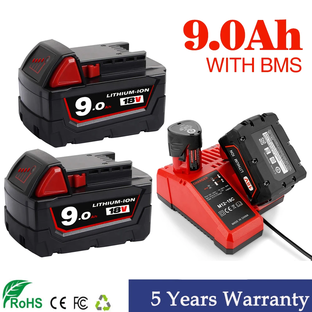 18V 9.0Ah Replacement for Milwaukee M18 XC Lithium Battery 48-11-1860 48-11-1850 48-11-1840 48-11-1820 Rechargeable Batteries
18V 9.0Ah Replacement for Milwaukee M18 XC Lithium Battery 48-11-1860 48-11-1850 48-11-1840 48-11-1820 Rechargeable Batteries