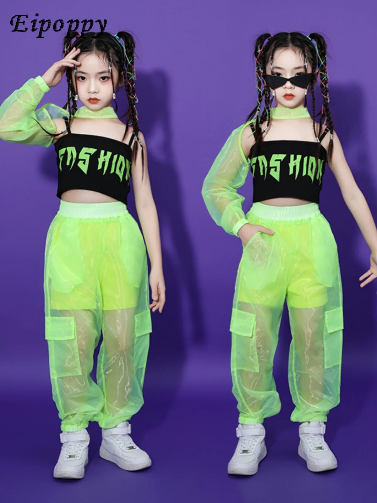 

Girls' Jazz Dance Hip Hop Trendy Clothes Fashion Cropped Tank Top Sheer Mesh Trousers Children's Catwalk Show Performance