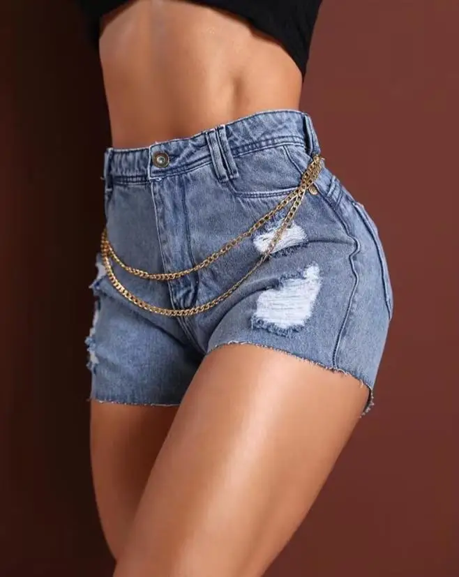 Exposed pockets vintage distressed edges and holes washed chain decoration split high waisted denim shorts exposed
Exposed pockets vintage distressed edges and holes washed chain decoration split high waisted denim shorts exposed