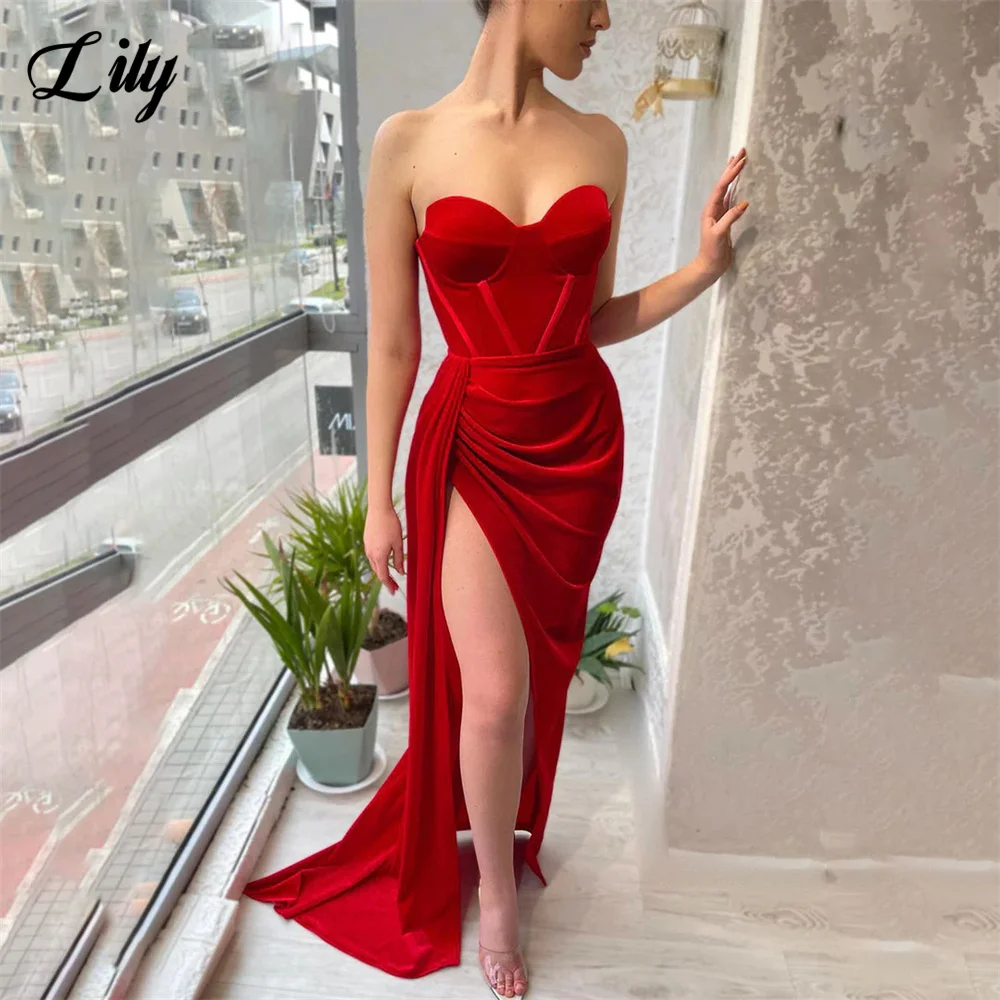 Lily Sweetheart Sleeveless Evening Dresses Red High Split Prom Dress For Summer Pleat Stain Sweep Train Trumpet فساتين الحفلات
Lily Sweetheart Sleeveless Evening Dresses Red High Split Prom Dress For Summer Pleat Stain Sweep Train Trumpet فساتين الحفلات