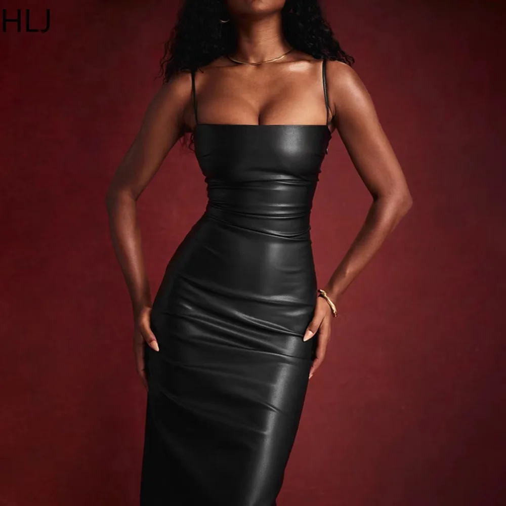 

HLJ Fashion PU Leather Bodycon Suspenders Dress Women Thin Strap Backless Bandage Slim Vestidos Sexy Solid Slit Clothing 2023