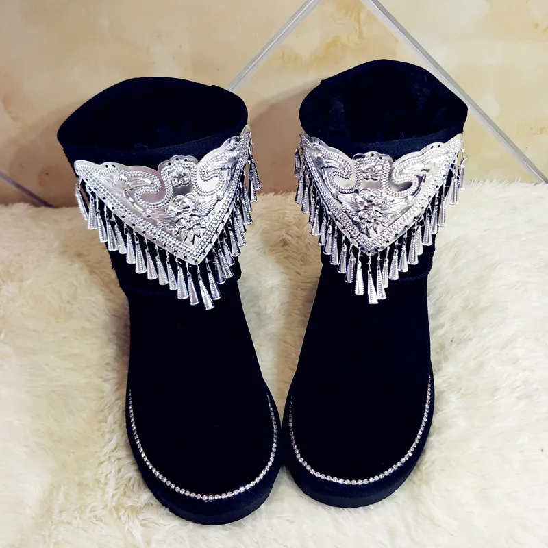 

Винтажные черные кожаные женские зимние сапоги до середины икры с металлической бахромой, роскошная обувь ручной работы, женская теплая зимняя теплая плюшевая обувь с мехом