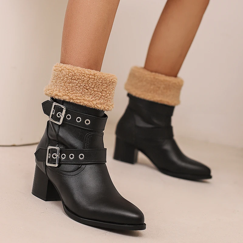 

Warm Plush Fur Women's Snow Boots Flock Round Toe Belt Buckle High Heeled Mid-calf Boots Autumn Winter Cotton-padded Shoes 34-48