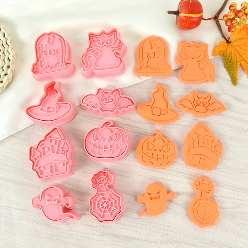

8pcs Halloween Cookie Cutters Cute Pumpkin Ghost Skull Witch Cat Pressable Biscuit Stamp Mold DIY Baking Cake Decorating Tools