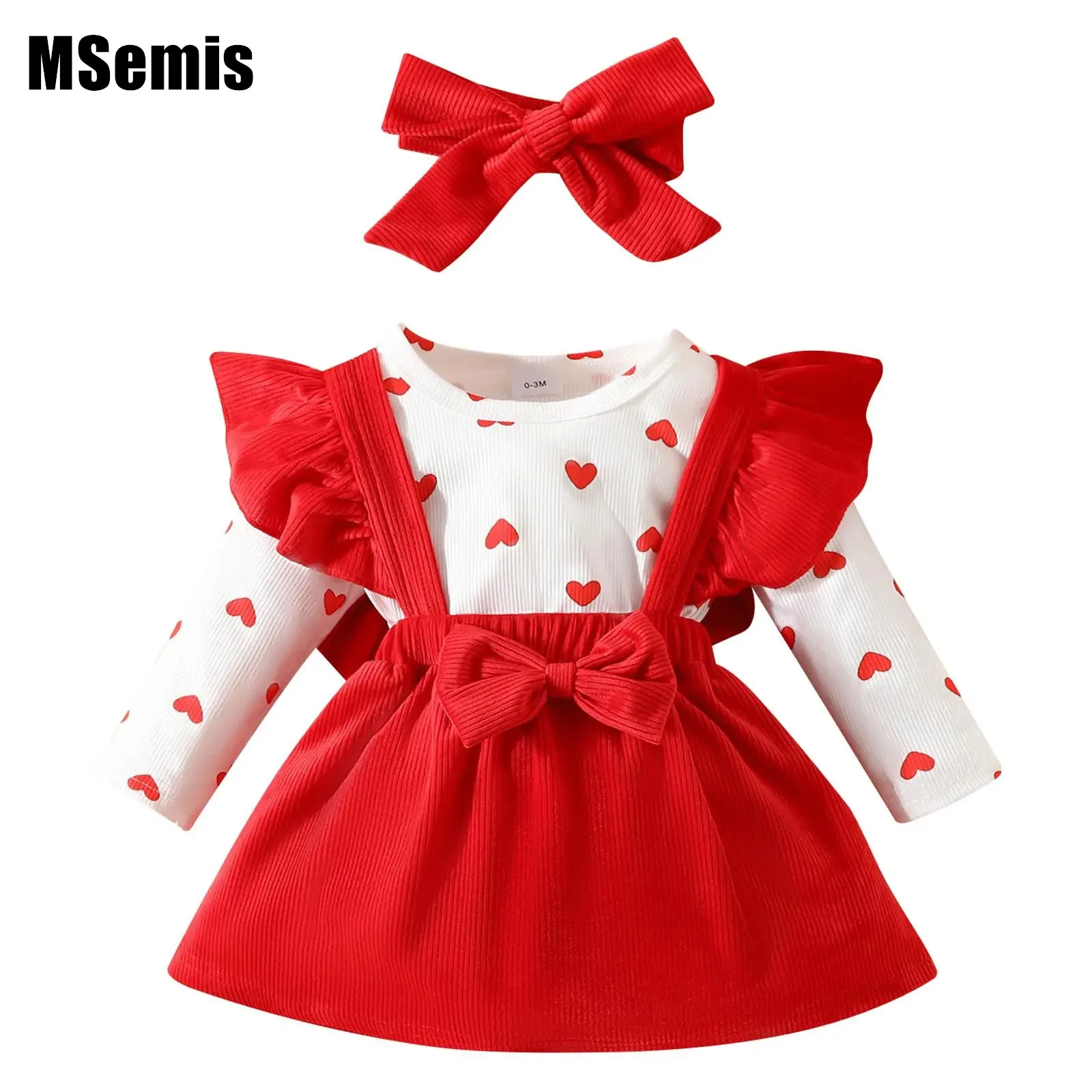 

Baby Girls Corduroy Party Outfit Heart Printed Romper Bodysuit with Ruffle Suspender Skirt And Headband Set Valentine's Day