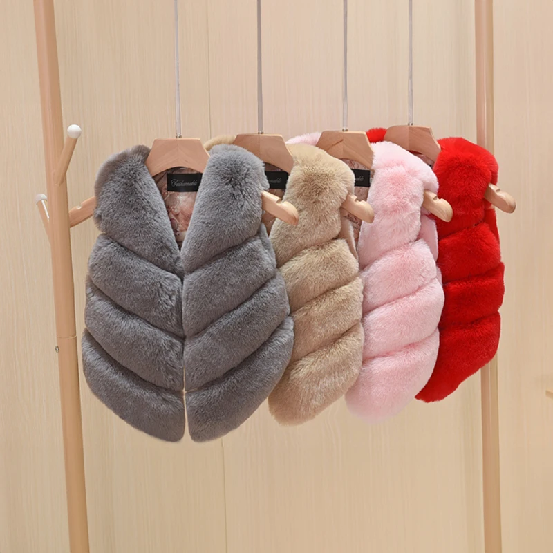 

Winter Faux Fur Vests Coats for Toddler Girls Fashion Kids Autumn Clothes Children Warm Fleece Jacket Waistcoats Beige Red Pink