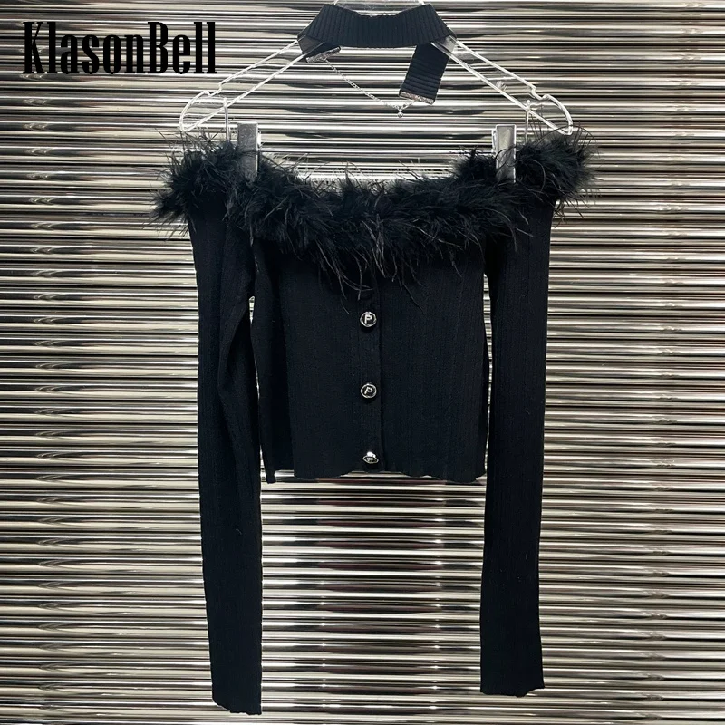 

12.27 KlasonBell Black Temperament Ostrich Feather Slash-neck Stretch Slim Long Sleeve Knitwear Women Clothes