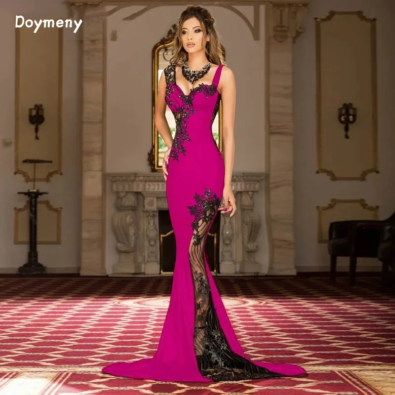 

Doymeny Beads Appliques Evening Dresses Spaghetti Straps Sweep Dubai Arabic Saudi Arabian Prom Dress Party dresses