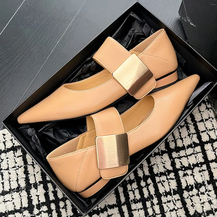 

2023Spring Women Pointed Toe Flats Apricot Real Leather Formal Dress Moccasins Buckle Strap Shallow Espadrilles Black Chaussure