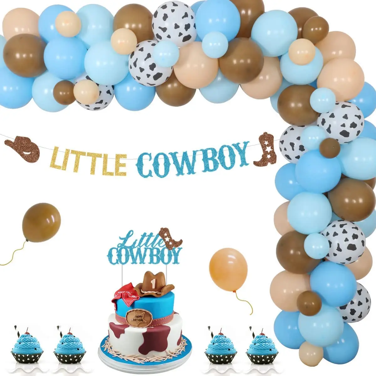 

Little Cowboy Baby Shower Decoration, Boy Random Blue Balloon, Garland Kit, Glitter Cake Topper, Banner for Wild West Rodeo Supp