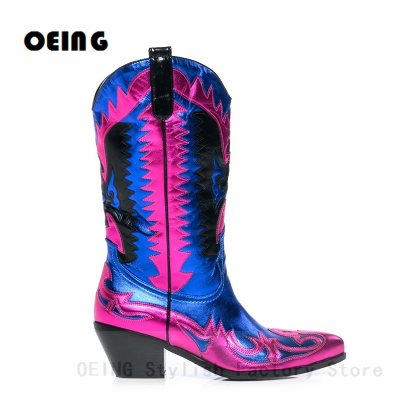 Women Shiny Metallic Leather Cowboy Boot Female Pointy Toe Blocked Heel Mid-calf Boots Pull On Embroidery Shoes Zapatos De Mujer
Women Shiny Metallic Leather Cowboy Boot Female Pointy Toe Blocked Heel Mid-calf Boots Pull On Embroidery Shoes Zapatos De Mujer