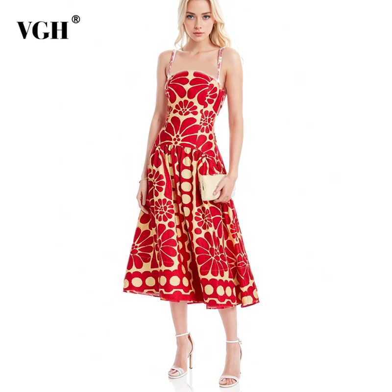 

VGH Hit Color Printing Camisole Dresses For Women Square Collar Sleeveless High Waist Temperament Dress Female Fashion Style New