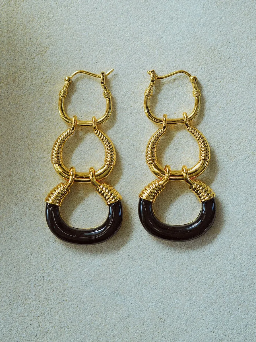 

Vintage 9k Solid Gold Black Agate Enamel Hoops Geometric Ear Buckle Long Earring For Women Earring Victorian Era Court Jewelry