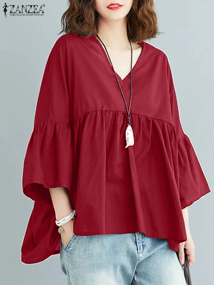 

ZANZEA Fashion Pleating V-neck Shirt Women Solid Color Blouse 2024 Summer Flare 3/4 Sleeve Tops Tunic Holiday Casual Loose Blusa