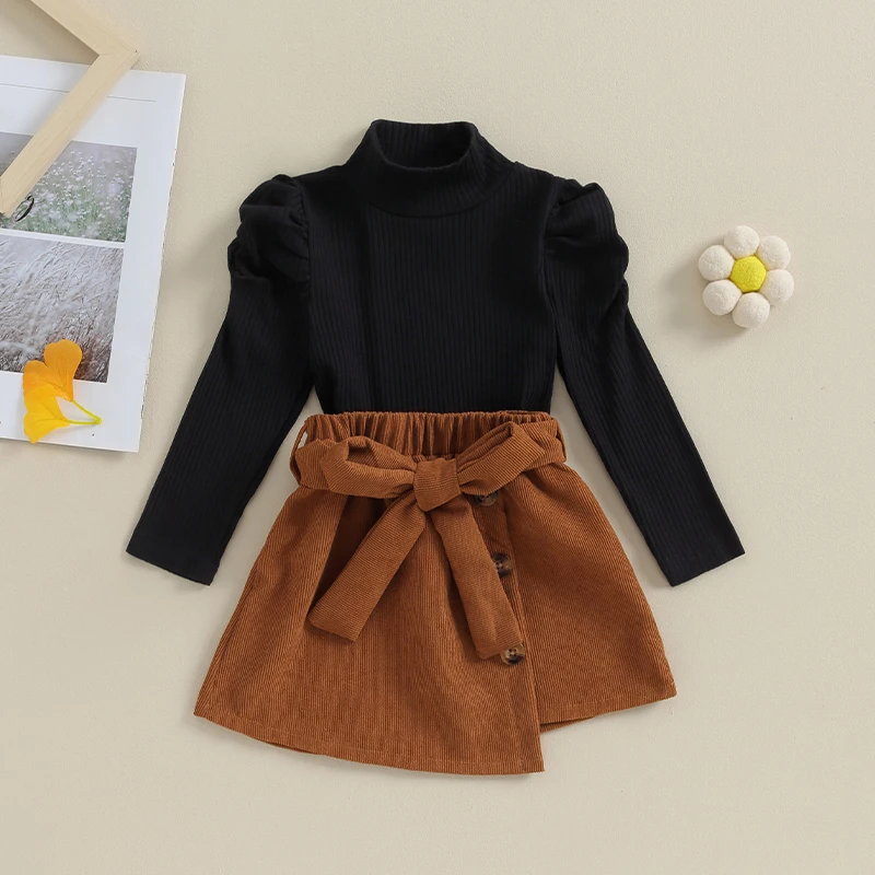 

KMBANGI Kids Toddler Baby Girl Skirt Set Puffy Long Sleeve Mock Neck Knitted Sweater Bow Irregular Dress Fall Winter Outfit
