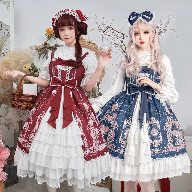 

Elegant Palace Sweet Lolita Girls Fairy Jsk Lace Dress Kawaii Loli High Waist Printing Bowknot Victoria Sleeveless for Women