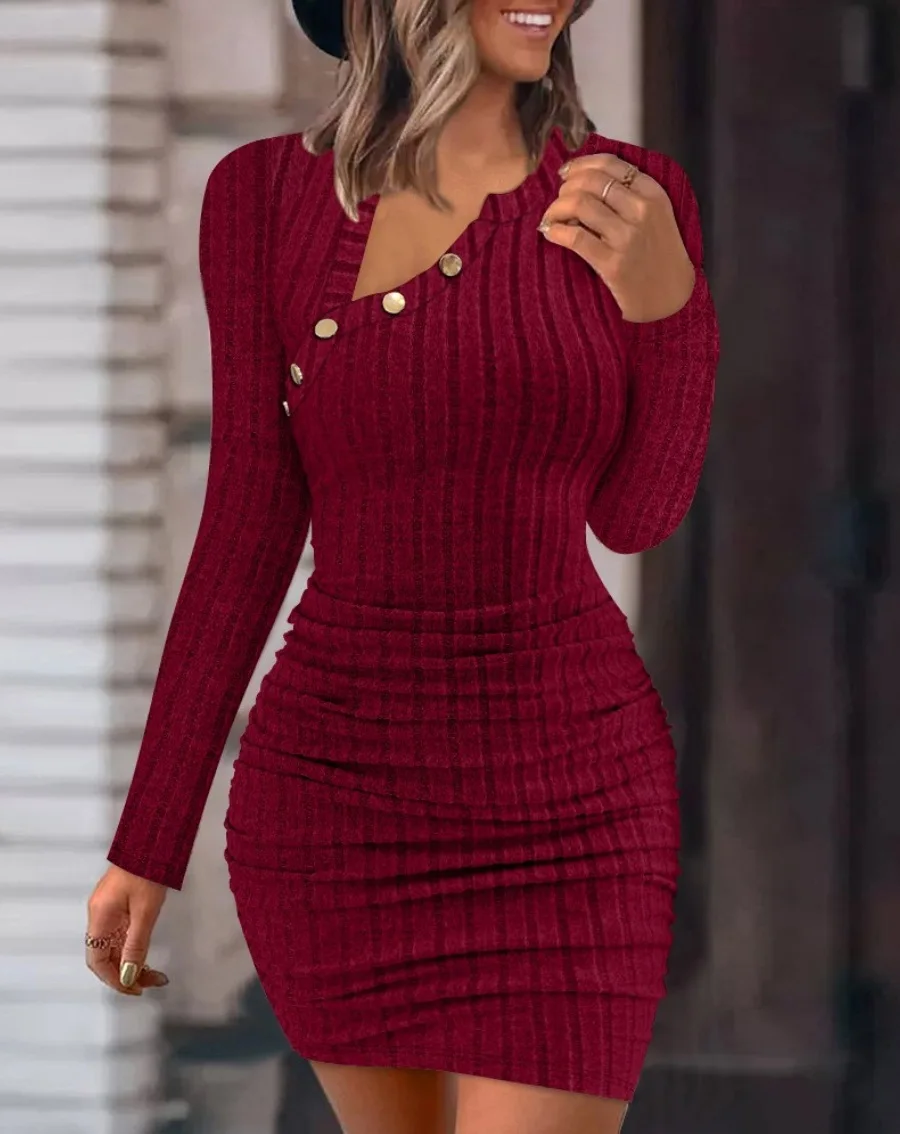 Autumn and Winter New Solid Metal Button Oblique Shoulder Neck Tight Wrap Hip Slim Fit Sexy Long Sleeve Dress for Women
Autumn and Winter New Solid Metal Button Oblique Shoulder Neck Tight Wrap Hip Slim Fit Sexy Long Sleeve Dress for Women