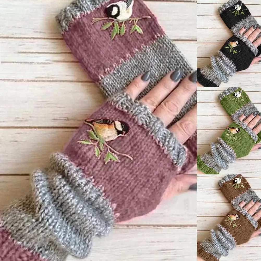 

Women Winter Gloves Cute Bird Embroidered Soft Knit Hand Warm Fingerless Mitten For Office Computer Working