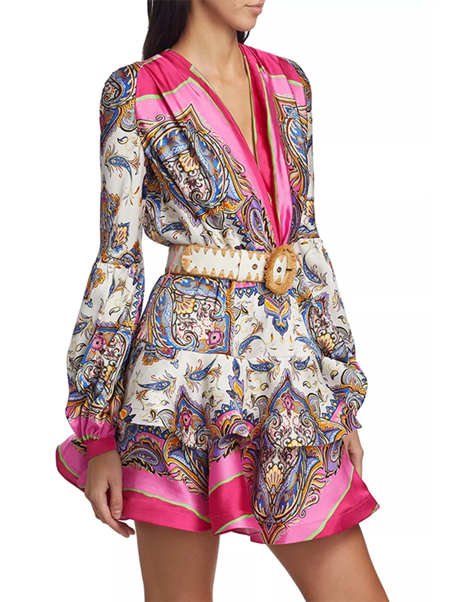 women bohemian print ruffles tiered mini dress v neck lantern long sleeve high waist slim dress with sashes
women bohemian print ruffles tiered mini dress v neck lantern long sleeve high waist slim dress with sashes