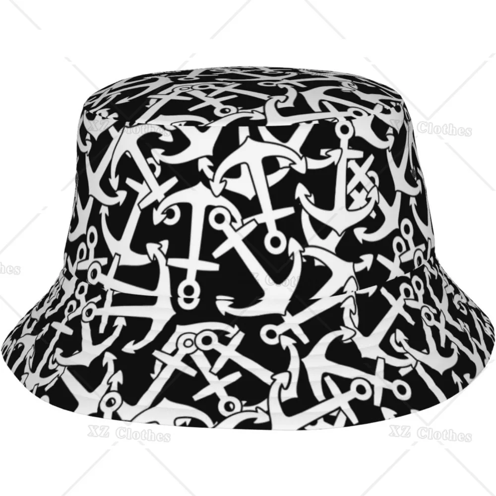 

Панама черно-белая с якорем для женщин и мужчин, Пляжная уличная модная упакованная Солнцезащитная шапка для подростков, кепки для рыбалки