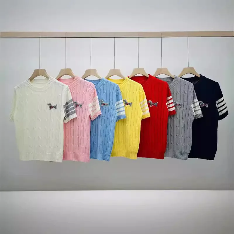 

Летняя Тонкая Вязаная футболка для женщин, красочные полосатые женские пуловеры с коротким рукавом, джемпер в стиле преппи, короткий топ, одежда