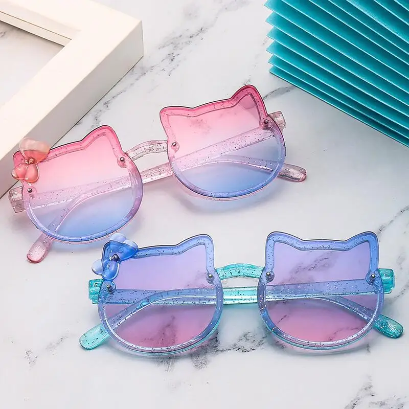 

Детские солнцезащитные очки Sanrio, Hello Kitty для девочек и мальчиков, солнцезащитные очки с блестящим бантом, милые детские очки, модные градиентные очки, подарки