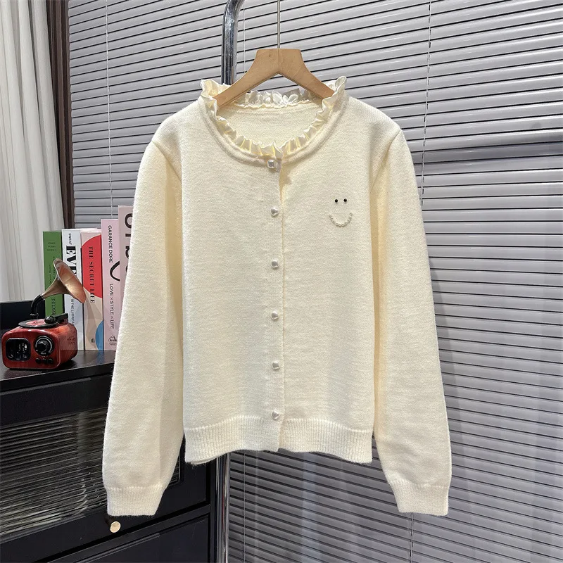 

ruffles Round Neck Knitwear Cardigans for Women White Color Single breasted Pearl Sweater Full Sleeves Jumper