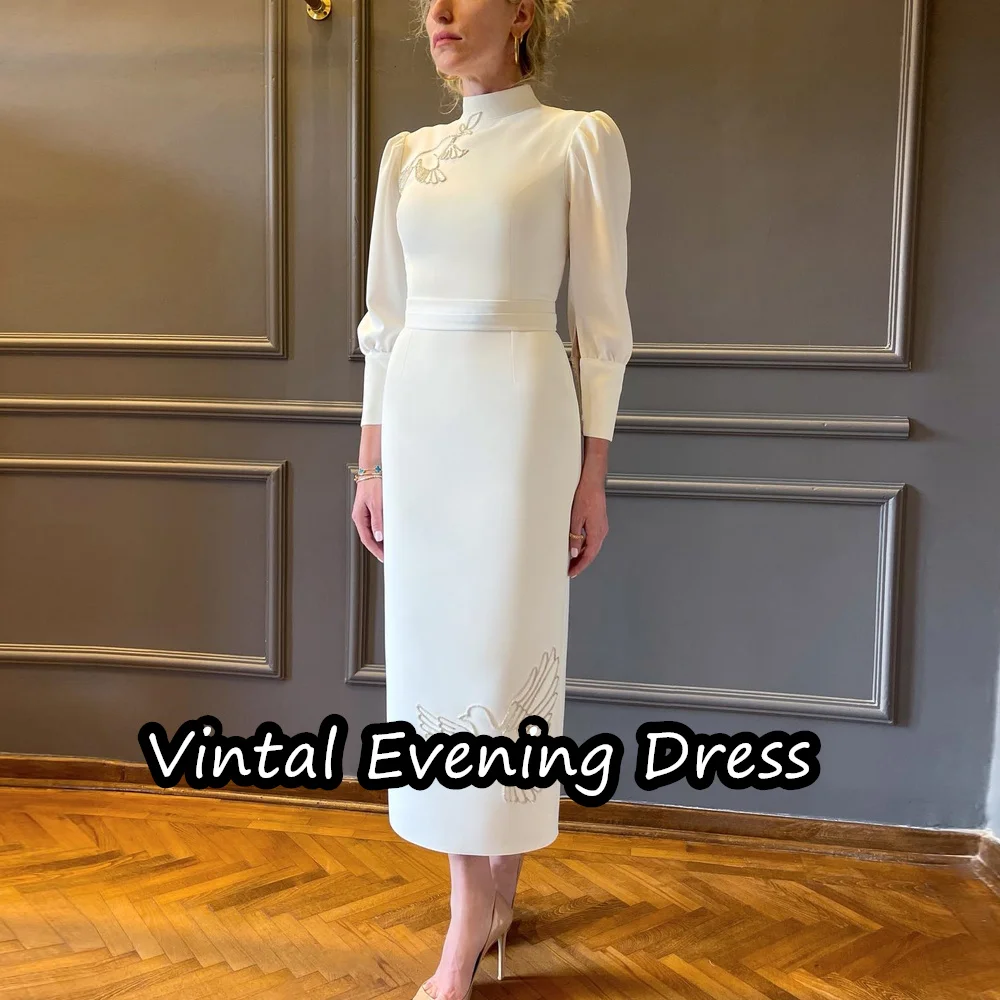 

Vindal Tea Length Evening Dress ALine Elegant Crepe Ruffle Prom Dresses 3/4 Sleeves Scoop Neckline Built-in Bra For Woman 2024