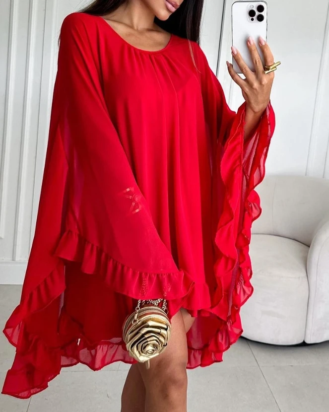 

Women Elegant Short Skirt Batwing Sleeve Frill Hem Casual Dress 2024 Early Spring Latest Round Neck Long Sleeve Daily Mini Dress