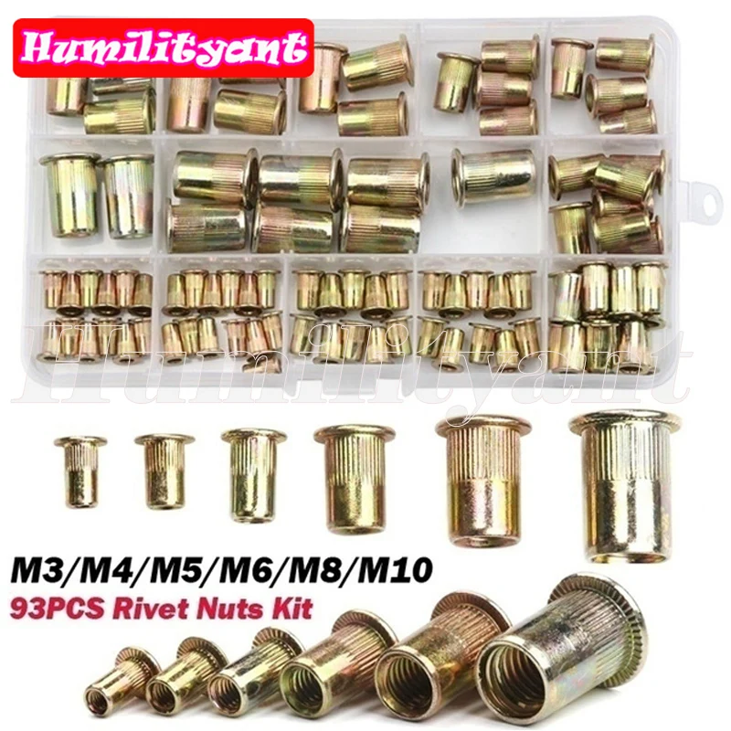 

93Pcs/Box Rivet Nuts M3 M4 M5 M6 M8 M10 Carbon Steel Riveting Nut Zinc Plated Blind Nutsert Cap Kit