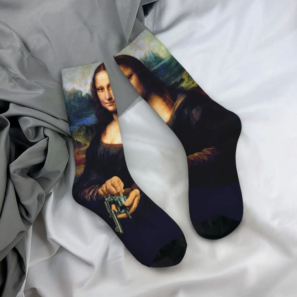 

Fashion Men's Socks Harajuku Mona Loading Mona Lisa Sock Guns Da Vinci Parody Funny Sport Socks Spring Summer Autumn Winter