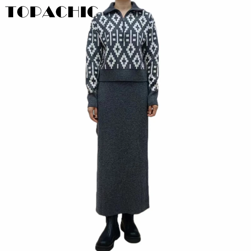 

11,12 TOPACHIC женский 100% кашемировый с узором ромбиками половинчатый на молнии с длинным рукавом вязаный пуловер свитер или юбка с разрезом