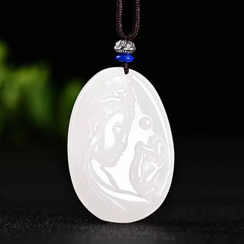 

Natural White Jade Guanyin Pendant Jadeite Necklace Charm Jewellery Fashion Accessories Hand-Carved Luck Amulet Gifts