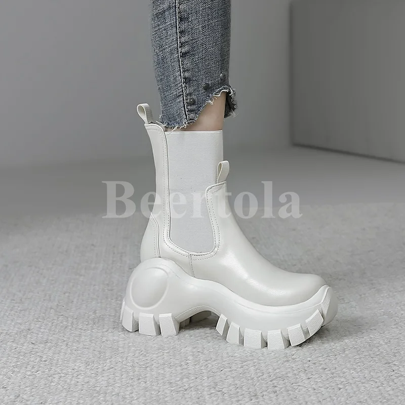 

2023 Thick Sole Platform Leather Ankle Boots Woman Round Toe Autumn Winter Warm Height Increasing Chelsea Booties Slip On Shoes