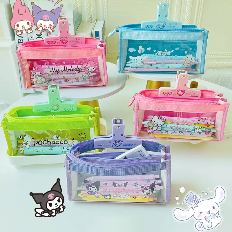 

Kawaii Anime Sanrios Cinnamoroll Kuromi Mymelody Cartoon PVC Pencil Case Transparent Stationery Storage Bag Stationery Supplies