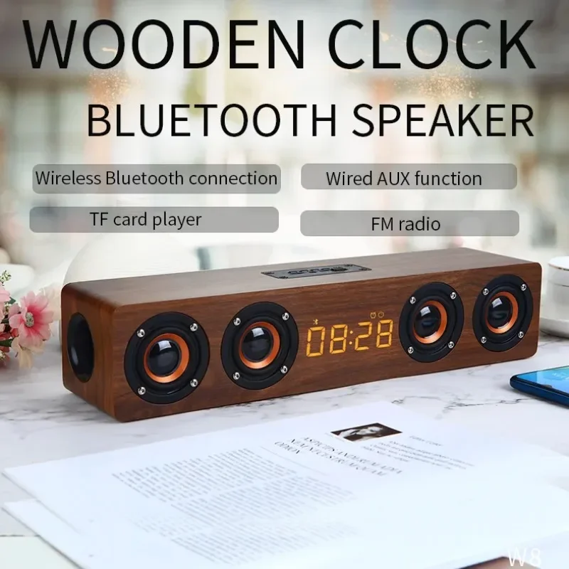 

Wooden Soundbar Wireless Bluetooth Powerful TV Speaker Boombox with Four Loudspeakers Clock Alarm Home Theater System Subwoofer