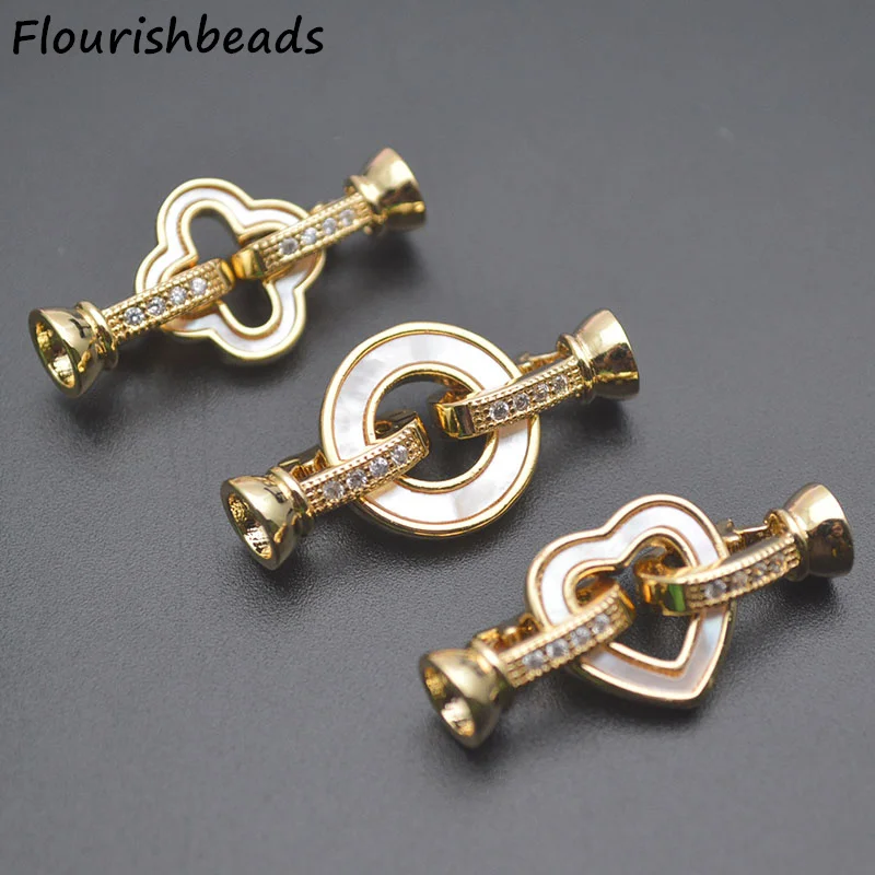 

Wholesale Anti Fading 18k Gold Plated CZ Pave Natutal Mop Shell Round Heart Clover Pearl Necklace Bracelet Jewelry Clasps 10pcs