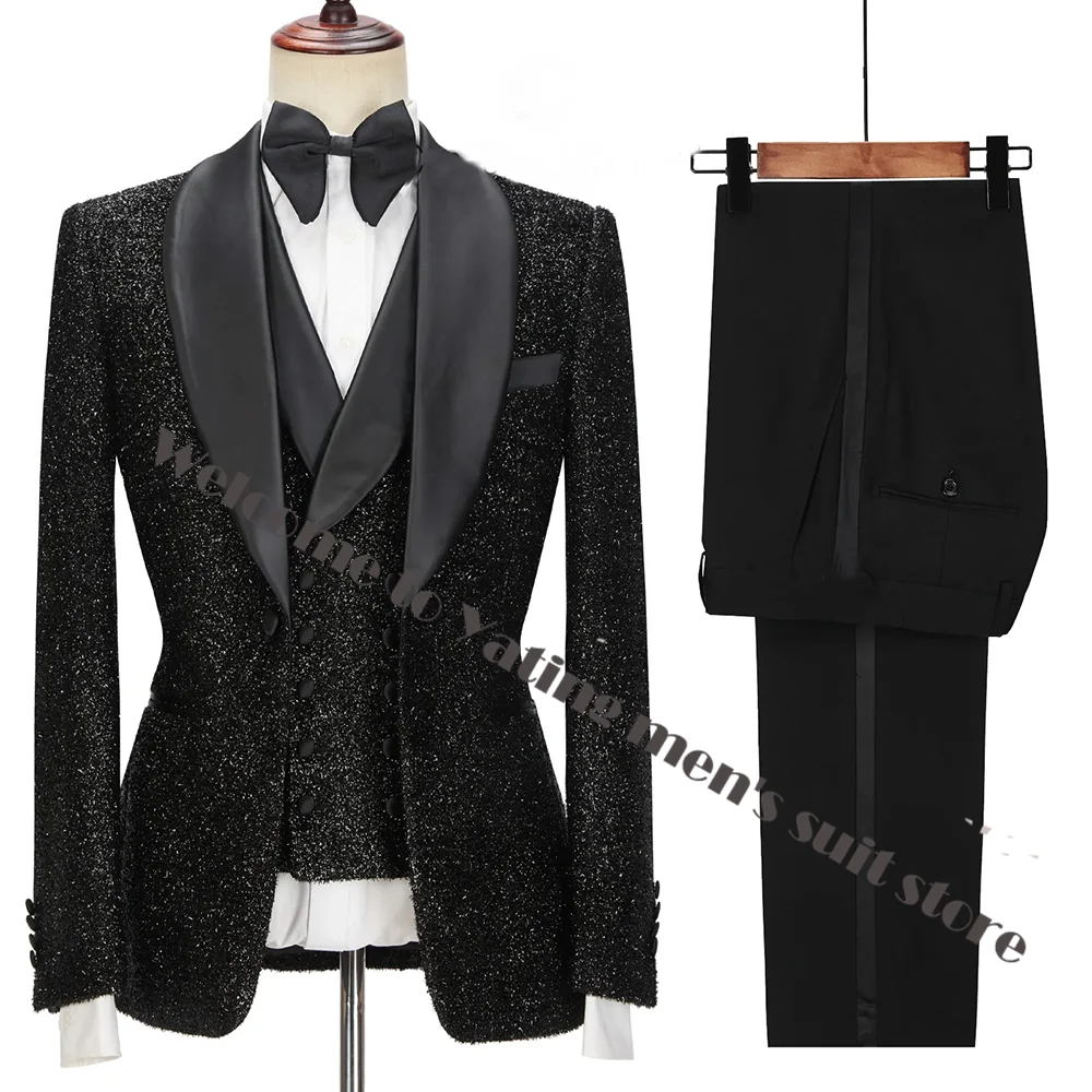 

Latest Coat Pant Designs Fashion Shiny Black Men Suits For Wedding Groom Tuxedos Slim Fit Terno Masculino Prom Party 3 Pieces