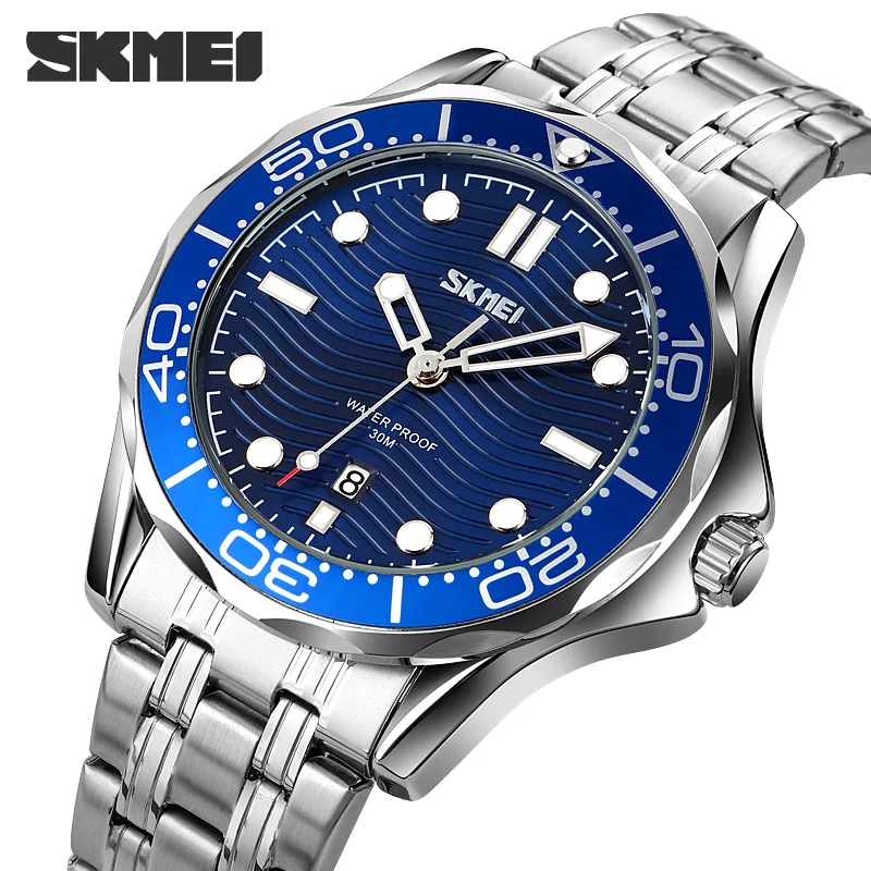 

SKMEI Luxury Business Watches Mens Blue Dial Stainless Steel Band Quartz Watch For Men 30M Waterproof Wristwatch Male Clock