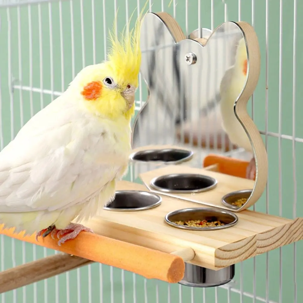 

Wood Parrots Mirror with Feeder Cups Bird Mirror Food Bowl Removable Parrot Cage Feeder Hanging Bird Feeding Cups Clamp