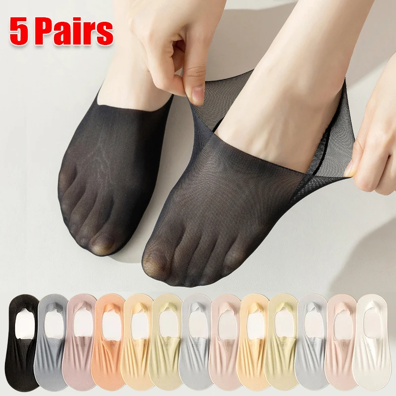 

5Pairs Summer Women Socks Invisible Boat Socks Breathable Silicone Non-slip Ultra-thin Sock Slippers Elastic Ice Silk Low Sox