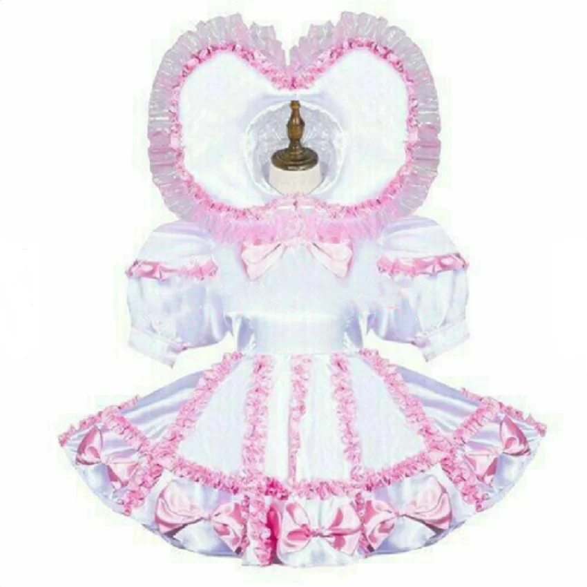 

Lockable Sissy Dress Sexy Maid Pink and White Lace Satin Privacy Uniform Cosplay Customizable Glamour Halloween Costume