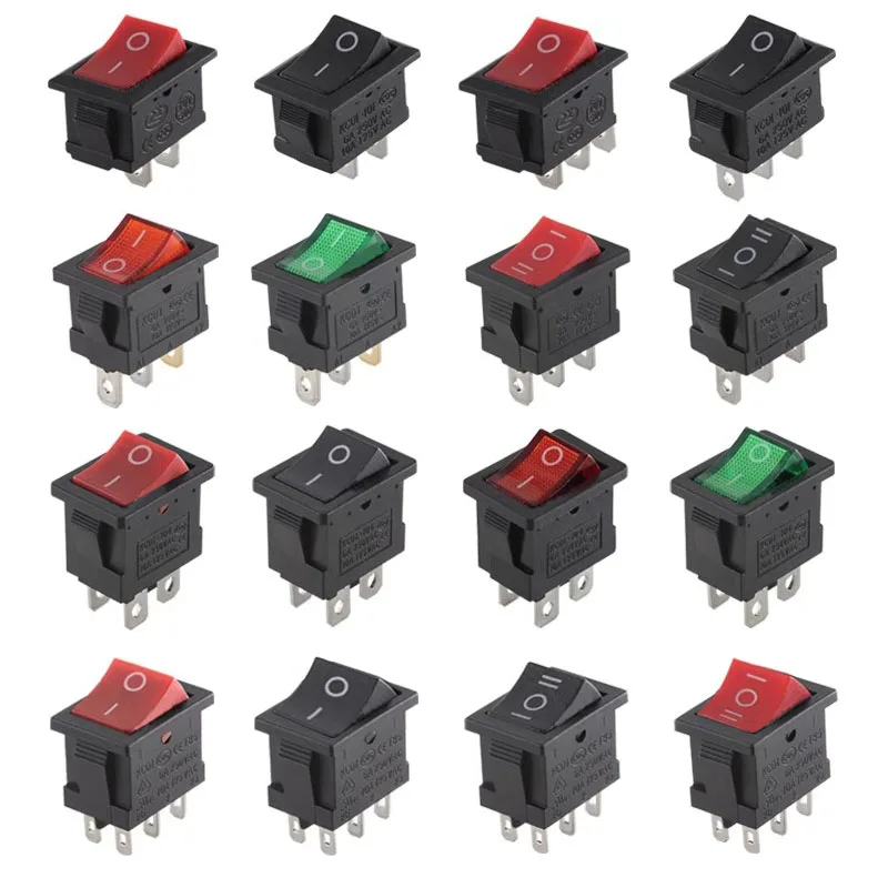 

100pcs KCD1 4Pin 2Pin 3Pin 21*15mm ON-OFF Black Boat Car Rocker Switch 6A/250V 10A/125V AC With Red Green Light Switch